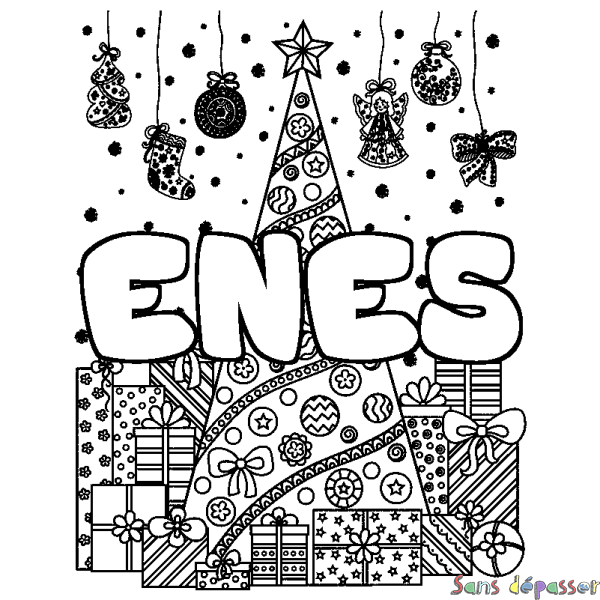 Coloriage prénom ENES - d&eacute;cor Sapin et Cadeaux