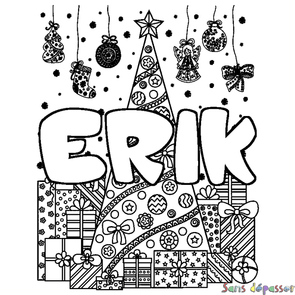 Coloriage prénom ERIK - d&eacute;cor Sapin et Cadeaux