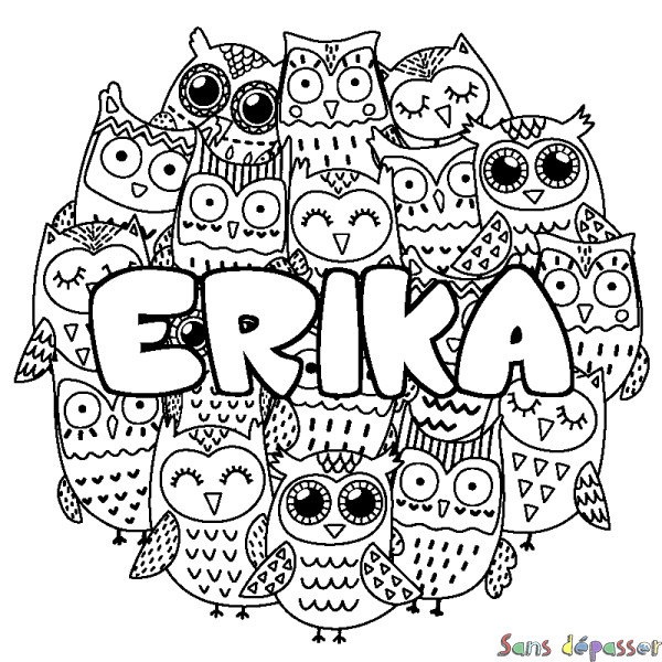 Coloriage prénom ERIKA - d&eacute;cor Chouettes