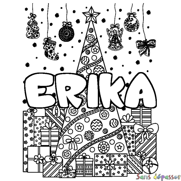 Coloriage prénom ERIKA - d&eacute;cor Sapin et Cadeaux