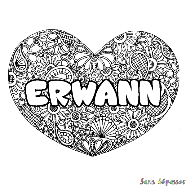 Coloriage prénom ERWANN - d&eacute;cor Mandala coeur