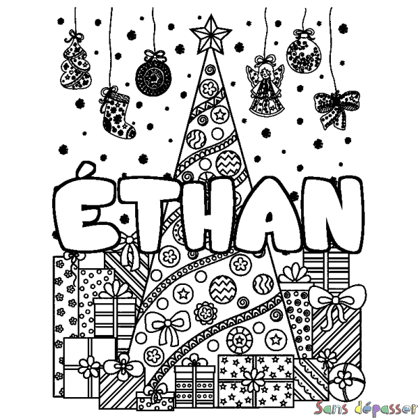 Coloriage prénom &Eacute;THAN - d&eacute;cor Sapin et Cadeaux