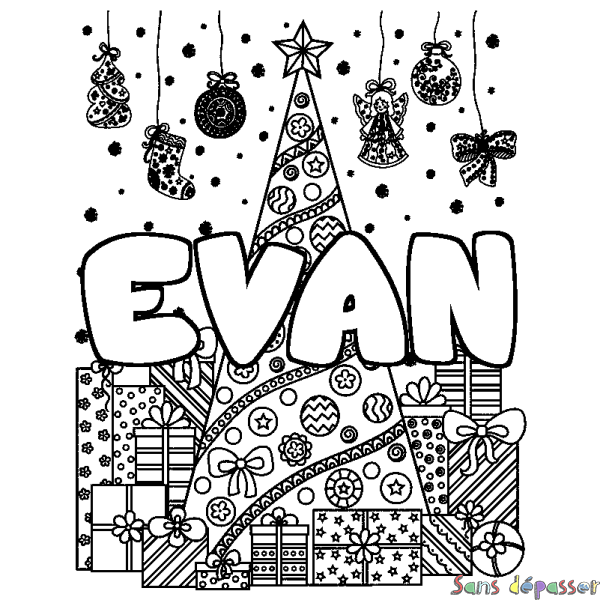 Coloriage prénom EVAN - d&eacute;cor Sapin et Cadeaux