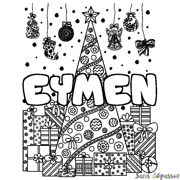 Coloriage prénom EYMEN - d&eacute;cor Sapin et Cadeaux