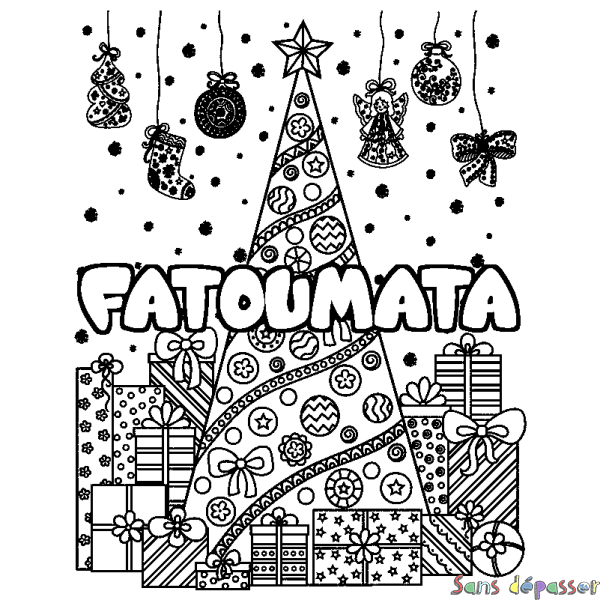 Coloriage prénom FATOUMATA - d&eacute;cor Sapin et Cadeaux