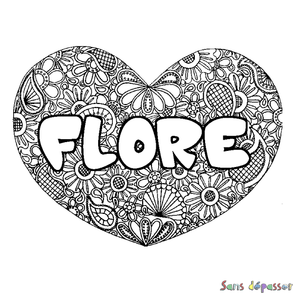 Coloriage prénom FLORE - d&eacute;cor Mandala coeur