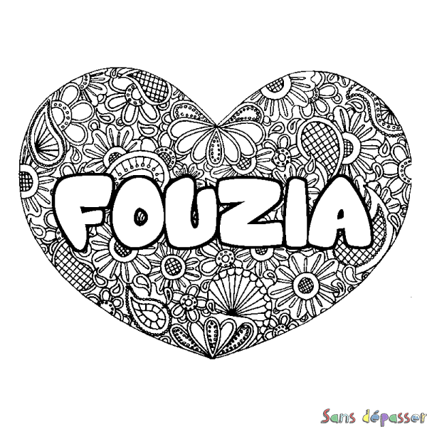 Coloriage prénom FOUZIA - d&eacute;cor Mandala coeur