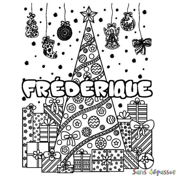 Coloriage prénom FR&Eacute;D&Eacute;RIQUE - d&eacute;cor Sapin et Cadeaux