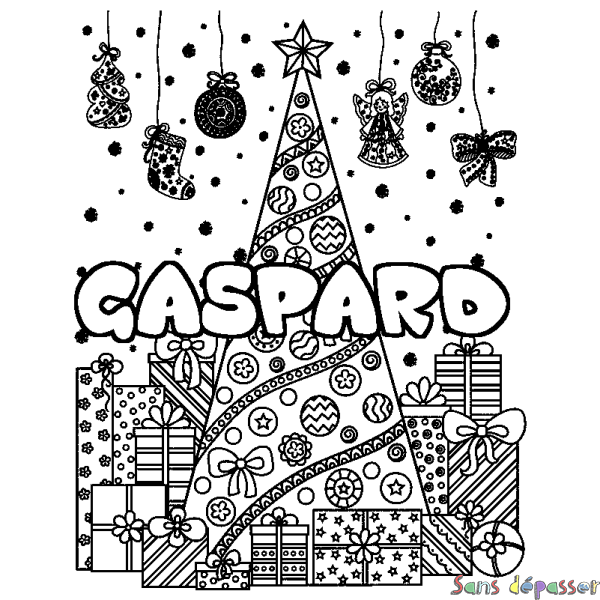 Coloriage prénom GASPARD - d&eacute;cor Sapin et Cadeaux