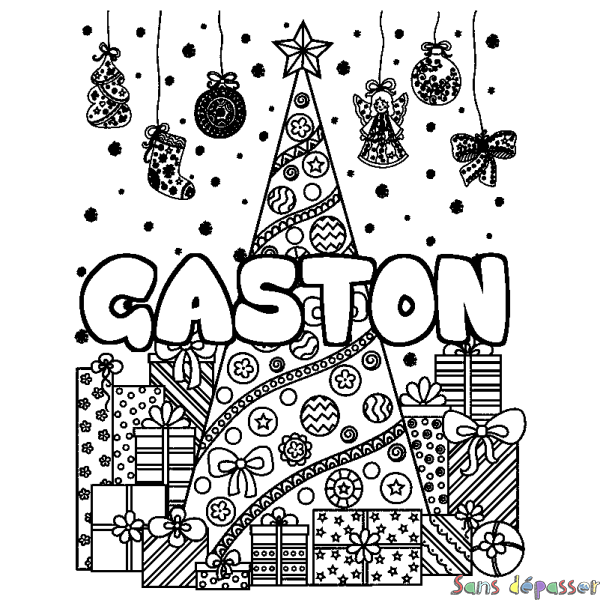 Coloriage prénom GASTON - d&eacute;cor Sapin et Cadeaux