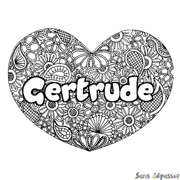 Coloriage prénom Gertrude - d&eacute;cor Mandala coeur