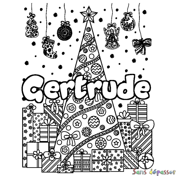 Coloriage prénom Gertrude - d&eacute;cor Sapin et Cadeaux