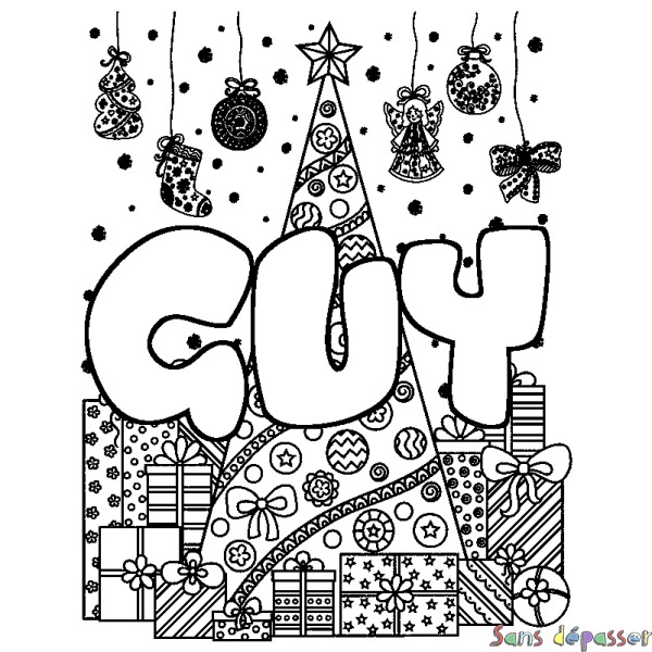 Coloriage prénom GUY - d&eacute;cor Sapin et Cadeaux