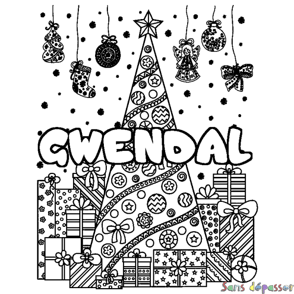 Coloriage prénom GWENDAL - d&eacute;cor Sapin et Cadeaux