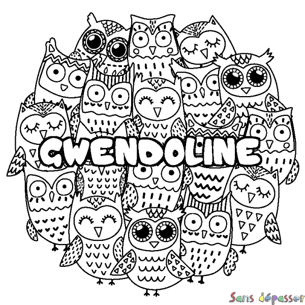 Coloriage prénom GWENDOLINE - d&eacute;cor Chouettes