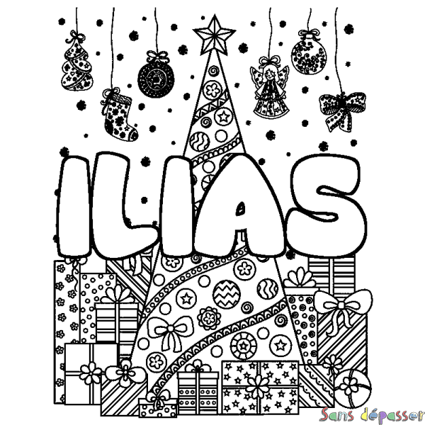 Coloriage prénom ILIAS - d&eacute;cor Sapin et Cadeaux