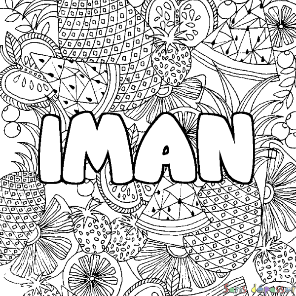 Coloriage prénom IMAN - d&eacute;cor Mandala fruits