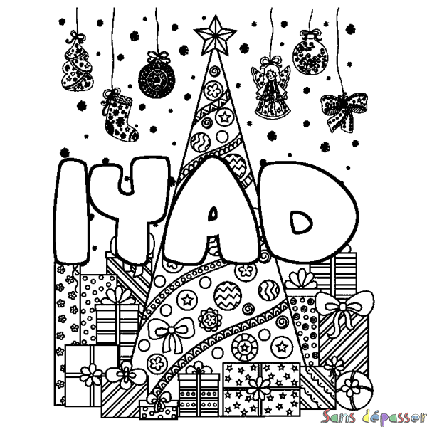 Coloriage prénom IYAD - d&eacute;cor Sapin et Cadeaux