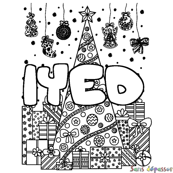 Coloriage prénom IYED - d&eacute;cor Sapin et Cadeaux