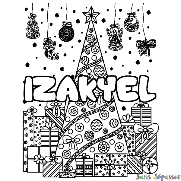 Coloriage prénom IZAKYEL - d&eacute;cor Sapin et Cadeaux