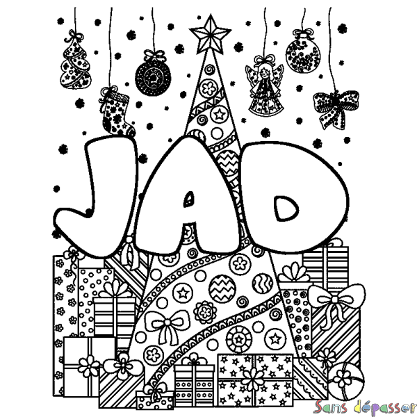 Coloriage prénom JAD - d&eacute;cor Sapin et Cadeaux