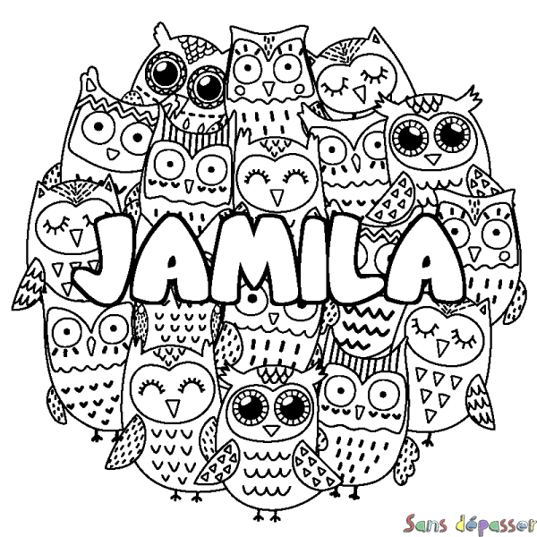 Coloriage prénom JAMILA - d&eacute;cor Chouettes