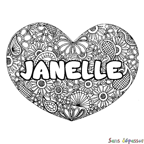 Coloriage prénom JANELLE - d&eacute;cor Mandala coeur