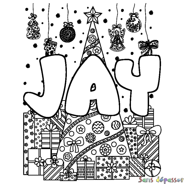 Coloriage prénom JAY - d&eacute;cor Sapin et Cadeaux