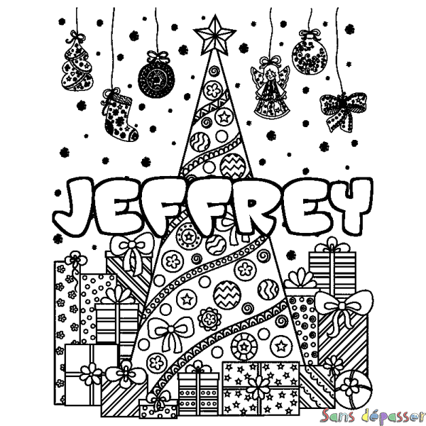 Coloriage prénom JEFFREY - d&eacute;cor Sapin et Cadeaux