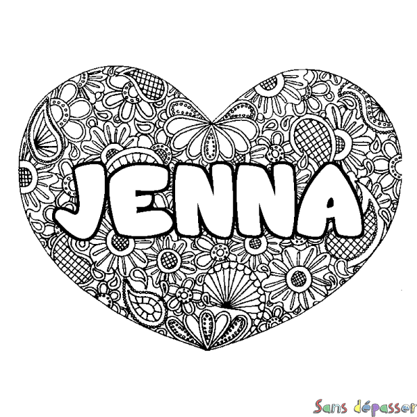 Coloriage prénom JENNA - d&eacute;cor Mandala coeur