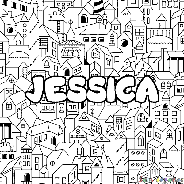 Coloriage prénom JESSICA - d&eacute;cor Ville