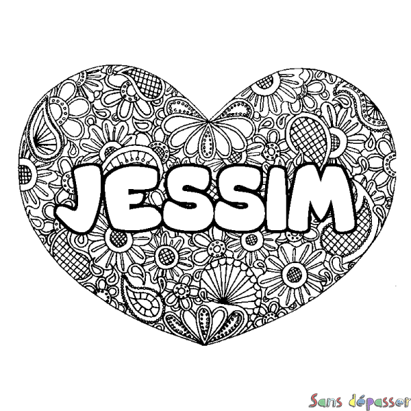 Coloriage prénom JESSIM - d&eacute;cor Mandala coeur