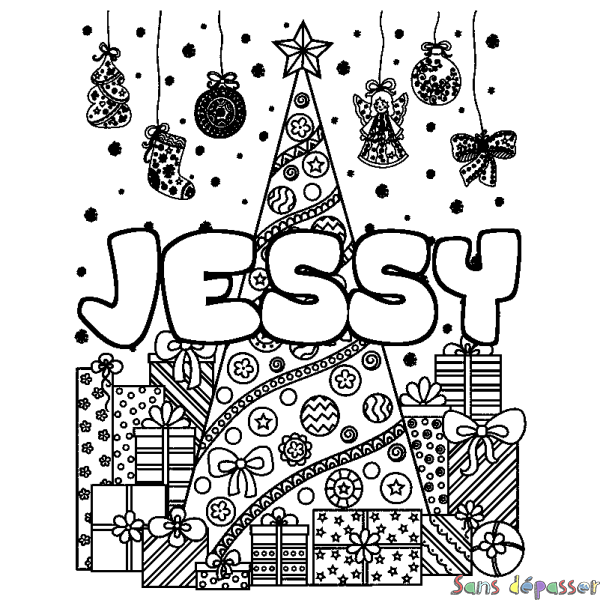 Coloriage prénom JESSY - d&eacute;cor Sapin et Cadeaux