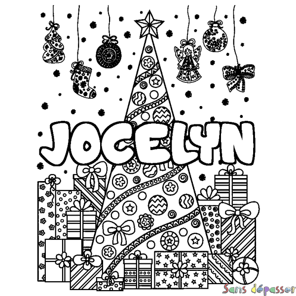 Coloriage prénom JOCELYN - d&eacute;cor Sapin et Cadeaux