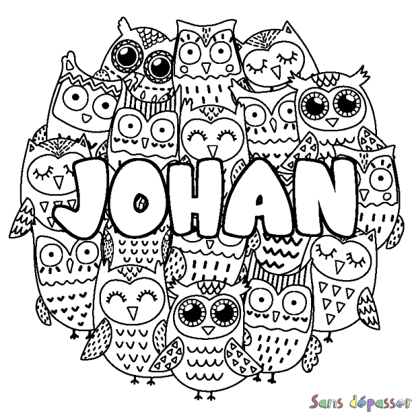 Coloriage prénom JOHAN - d&eacute;cor Chouettes