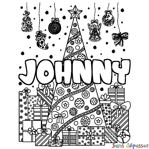 Coloriage prénom JOHNNY - d&eacute;cor Sapin et Cadeaux