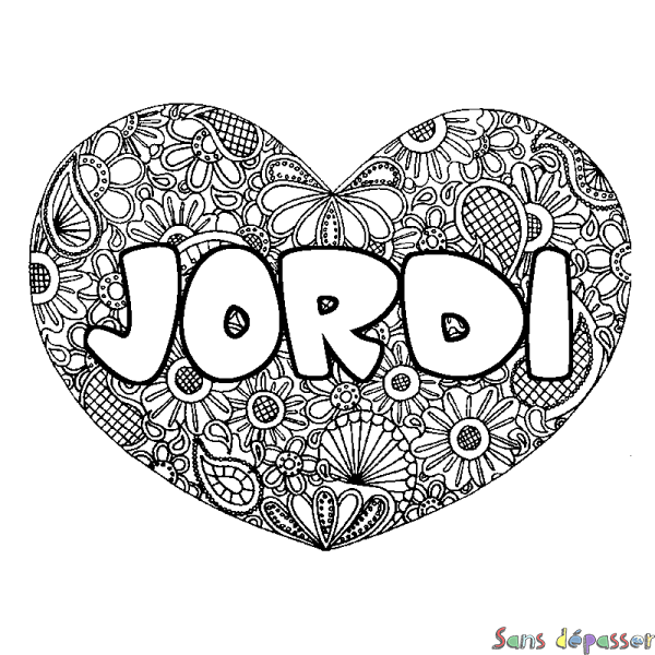 Coloriage prénom JORDI - d&eacute;cor Mandala coeur