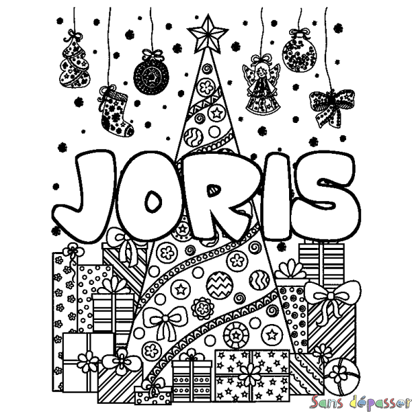 Coloriage prénom JORIS - d&eacute;cor Sapin et Cadeaux