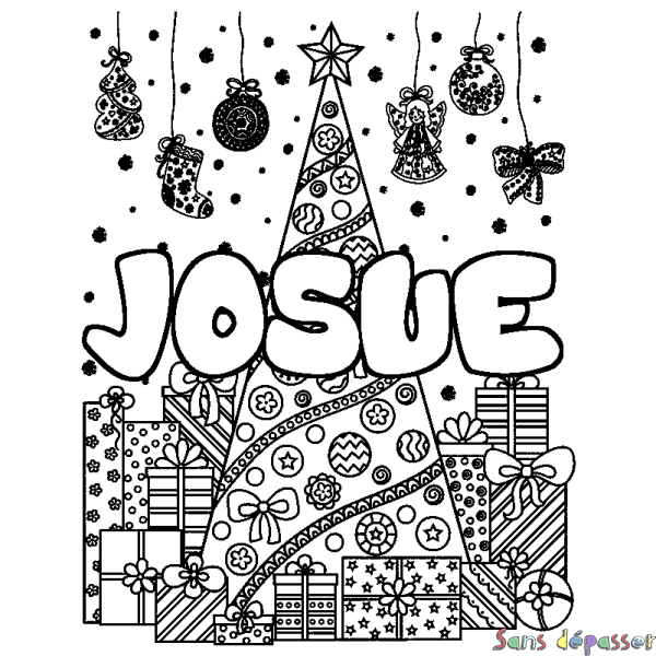 Coloriage prénom JOSUE - d&eacute;cor Sapin et Cadeaux