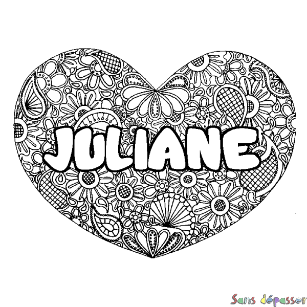 Coloriage prénom JULIANE - d&eacute;cor Mandala coeur