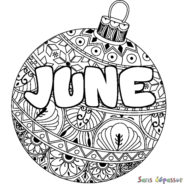 Coloriage prénom JUNE - d&eacute;cor Boule de No&euml;l