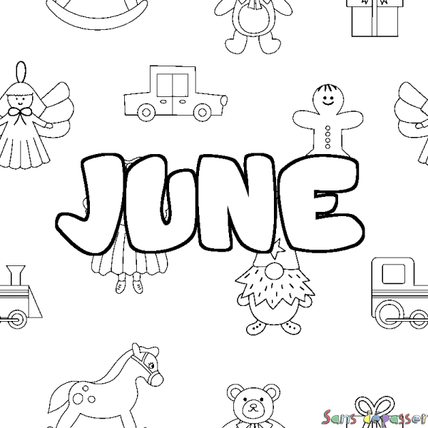 Coloriage prénom JUNE - d&eacute;cor Jouets