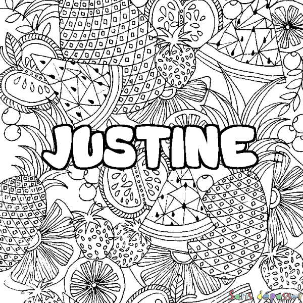 Coloriage prénom JUSTINE - d&eacute;cor Mandala fruits