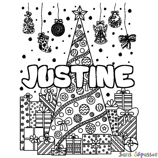 Coloriage prénom JUSTINE - d&eacute;cor Sapin et Cadeaux