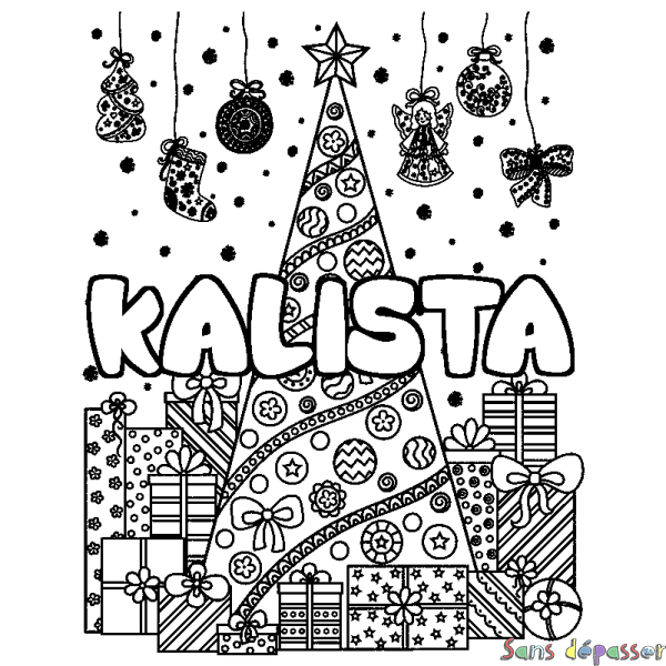 Coloriage prénom KALISTA - d&eacute;cor Sapin et Cadeaux