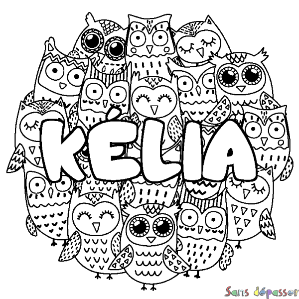 Coloriage prénom K&Eacute;LIA - d&eacute;cor Chouettes