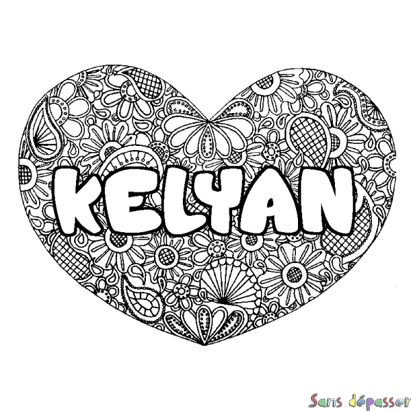 Coloriage prénom KELYAN - d&eacute;cor Mandala coeur