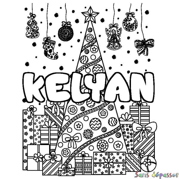 Coloriage prénom KELYAN - d&eacute;cor Sapin et Cadeaux