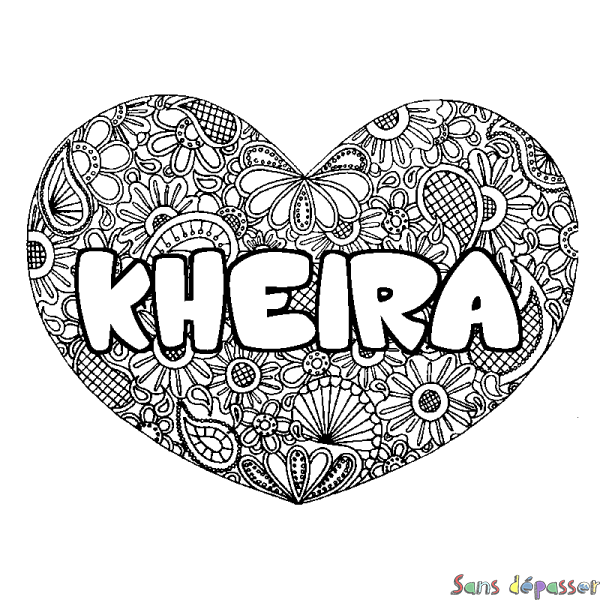 Coloriage prénom KHEIRA - d&eacute;cor Mandala coeur