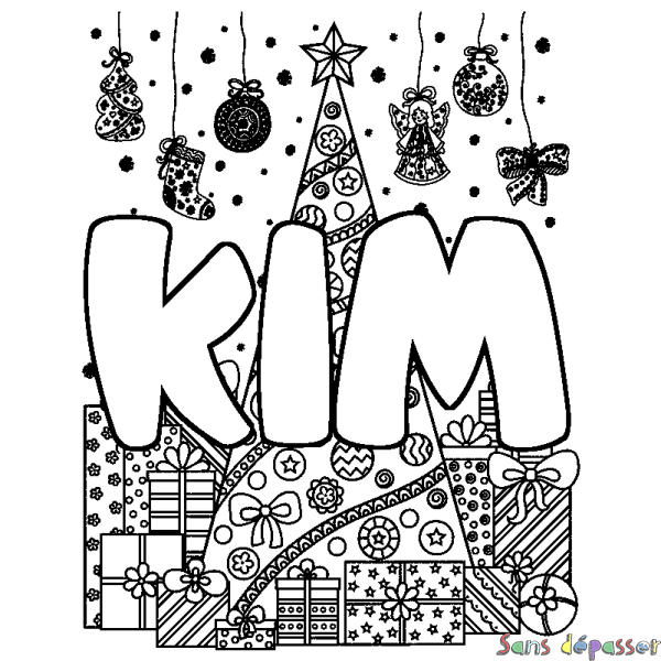 Coloriage prénom KIM - d&eacute;cor Sapin et Cadeaux